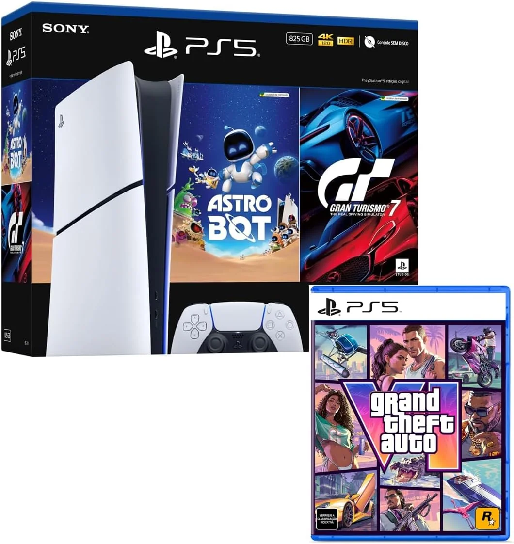 Pacote PS5 Slim Digital 825 GB com ASTRO BOT, Gran Turismo 7 e caixa de GTA VI para PS5