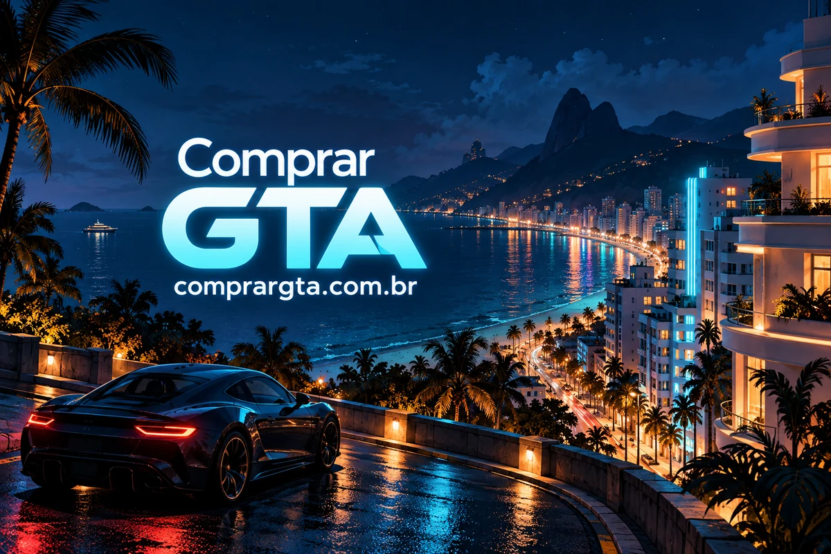 Comprar GTA e comprargta.com.br em uma ilustração original de cidade costeira à noite, com reflexos ciano e coral.